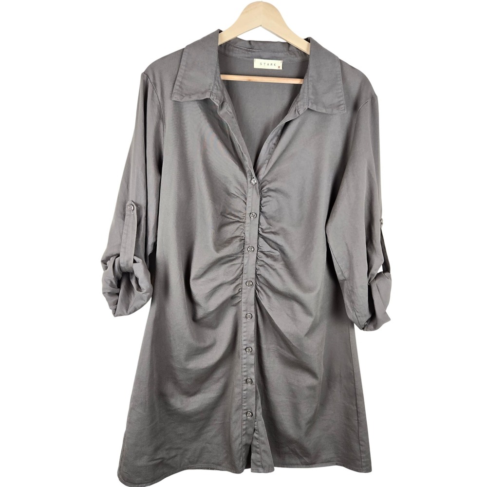 STARK X Shirt Dress Womens Large Army Green Ruched Collared Button Front Minimal